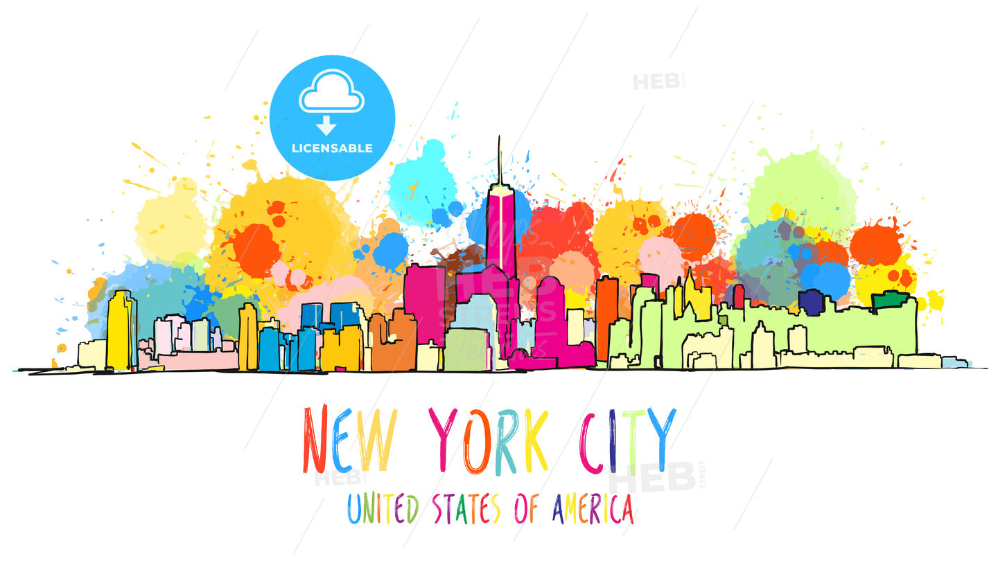 Colorful New York City Skyline Drawing. – instant download