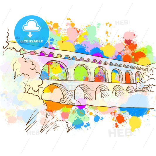Colorful Pont du Gard Sketch – instant download
