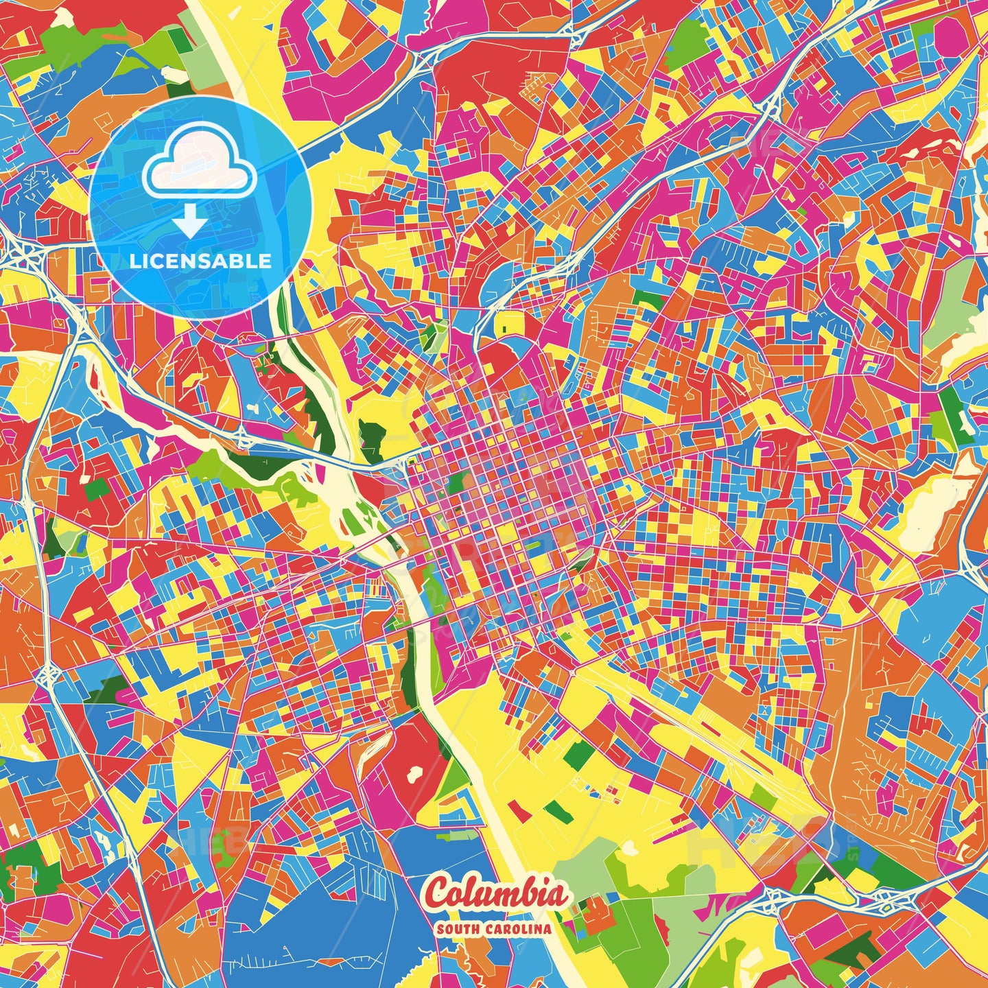 Columbia, United States Crazy Colorful Street Map Poster Template - HEBSTREITS Sketches