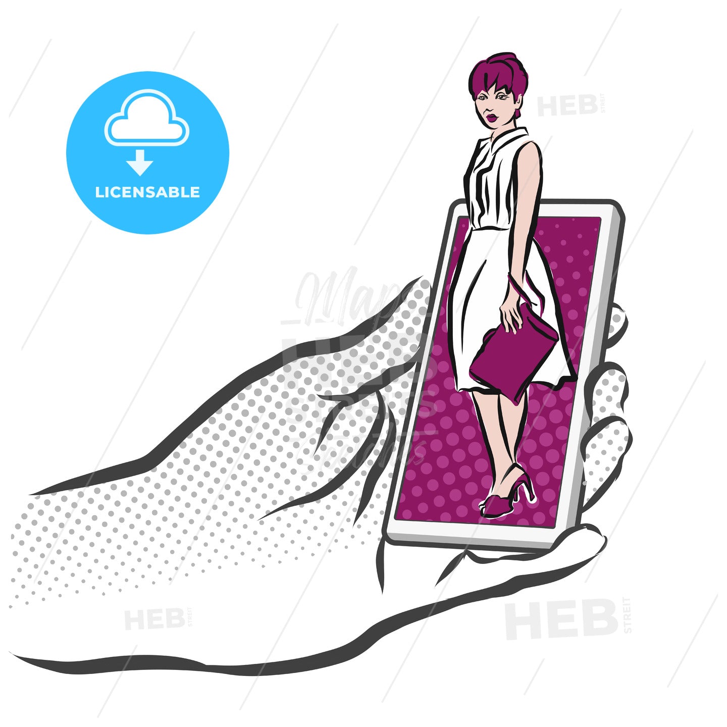 Concept Sketch Girl on Smarthone for Shopping App – instant download