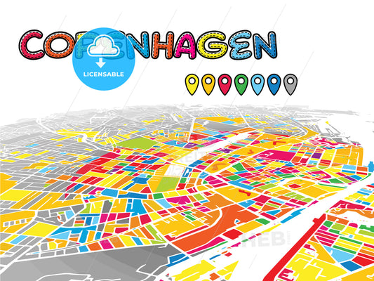 Copenhagen, Denmark, downtown map in perspective
