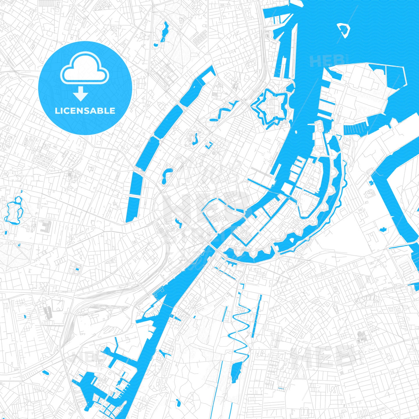 Copenhagen, Denmark PDF vector map with water in focus