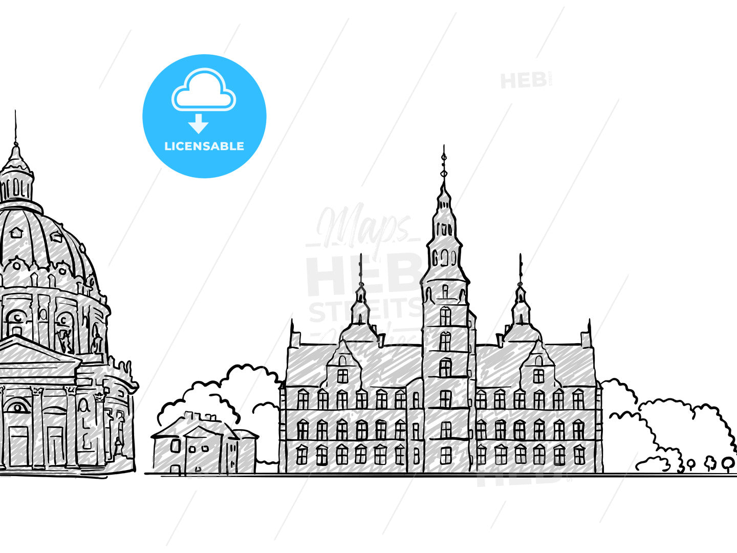 Copenhagen, Denmark famous Travel Sketch – instant download