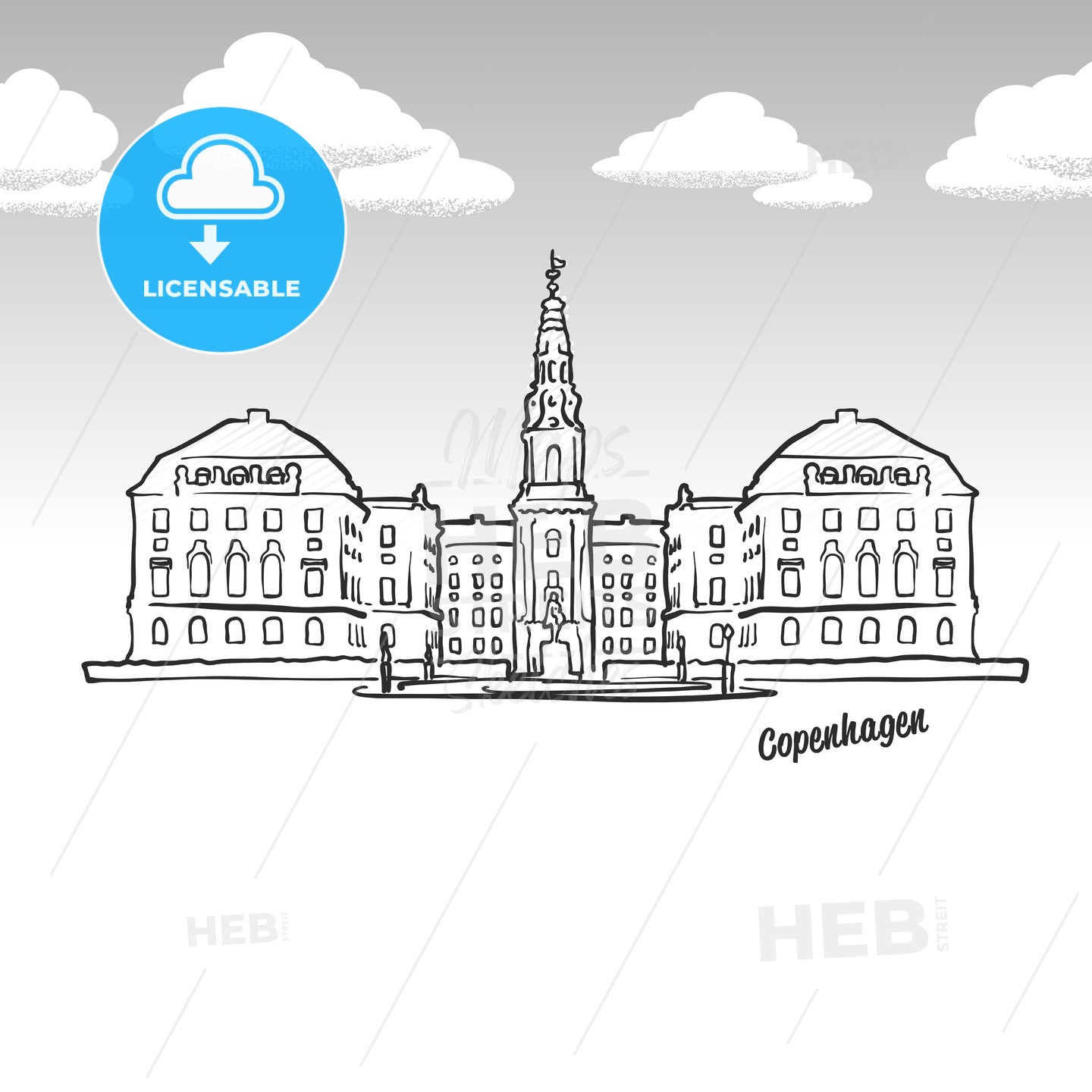 Copenhagen, Denmark famous landmark sketch – instant download