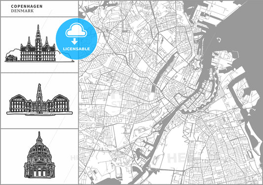 Copenhagen city map with hand-drawn architecture icons