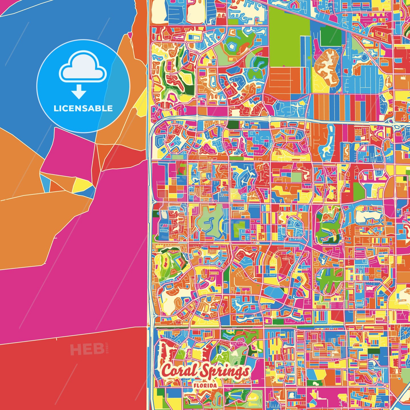 Coral Springs, United States Crazy Colorful Street Map Poster Template - HEBSTREITS Sketches