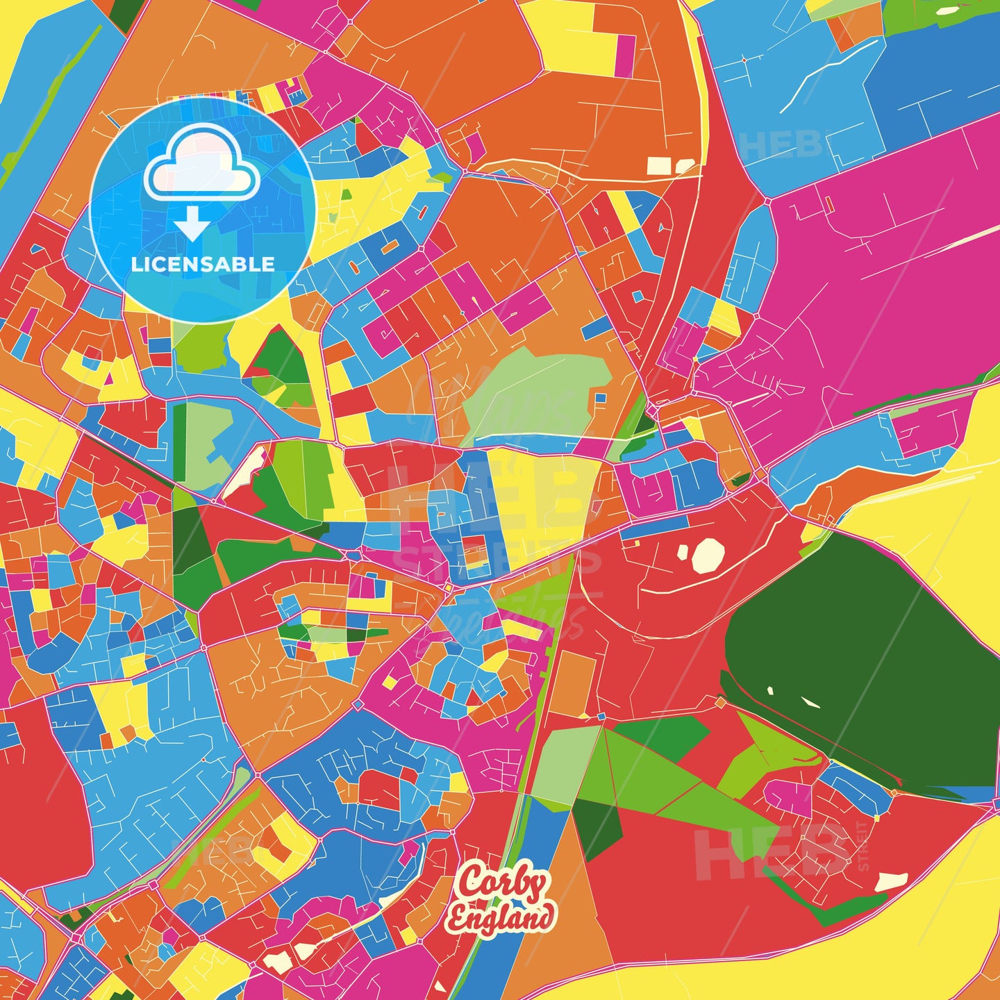 Corby, England Crazy Colorful Street Map Poster Template - HEBSTREITS Sketches