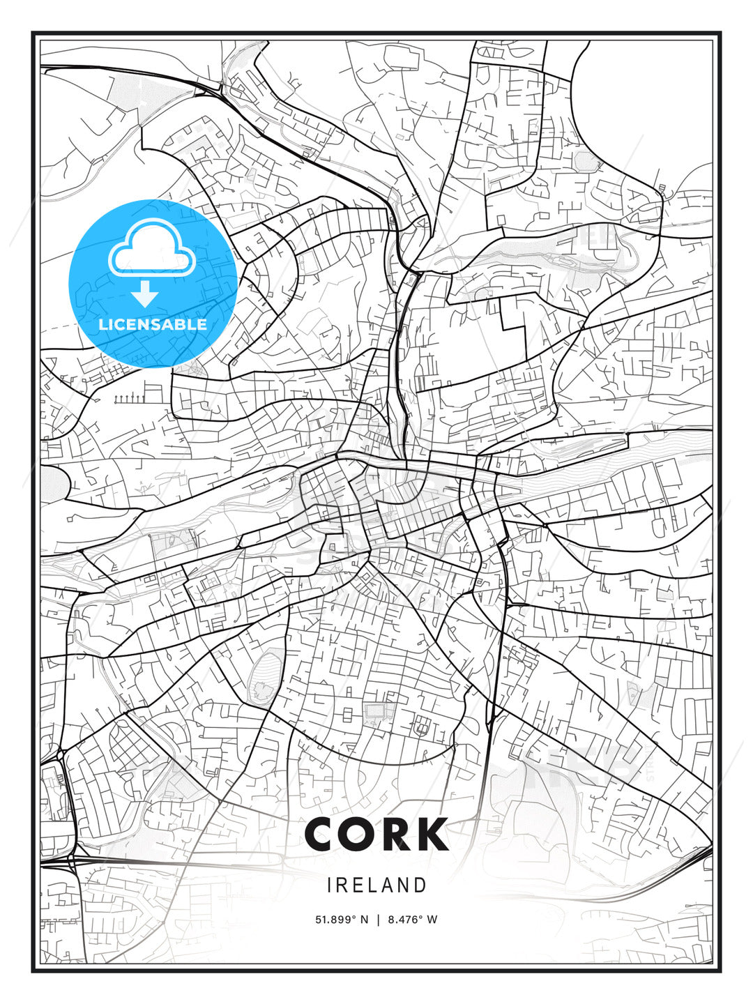 Cork, Ireland, Modern Map Print Template in Various Formats - HEBSTREITS