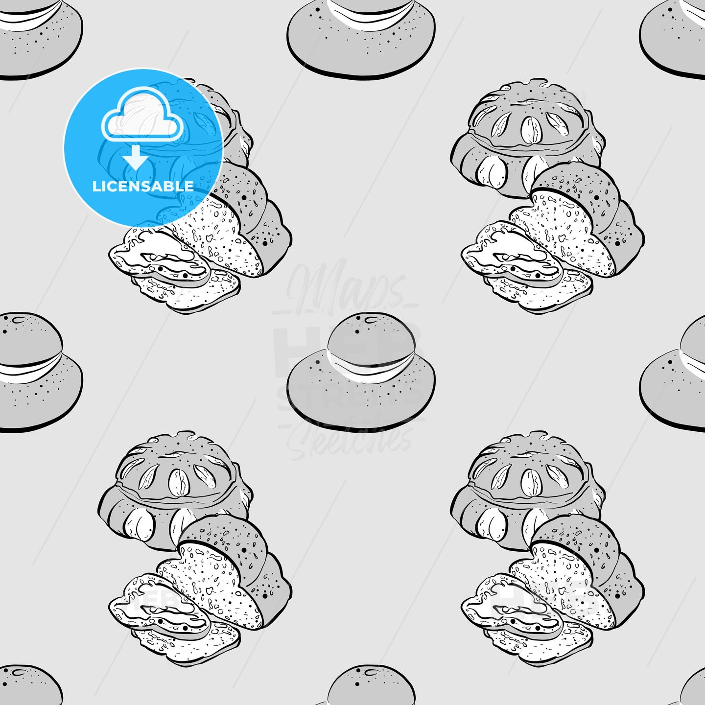 Cottage loaf seamless pattern greyscale drawing – instant download