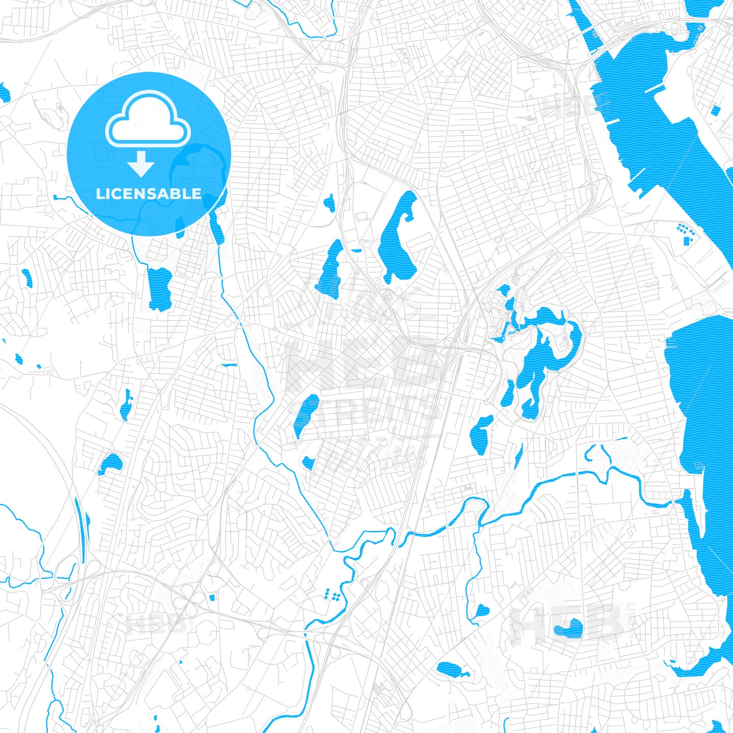 Cranston, Rhode Island, United States, PDF vector map with water in focus