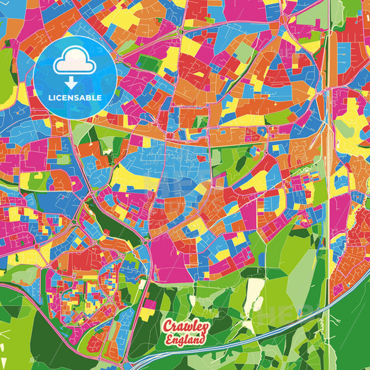 Crawley, England Crazy Colorful Street Map Poster Template - HEBSTREITS Sketches