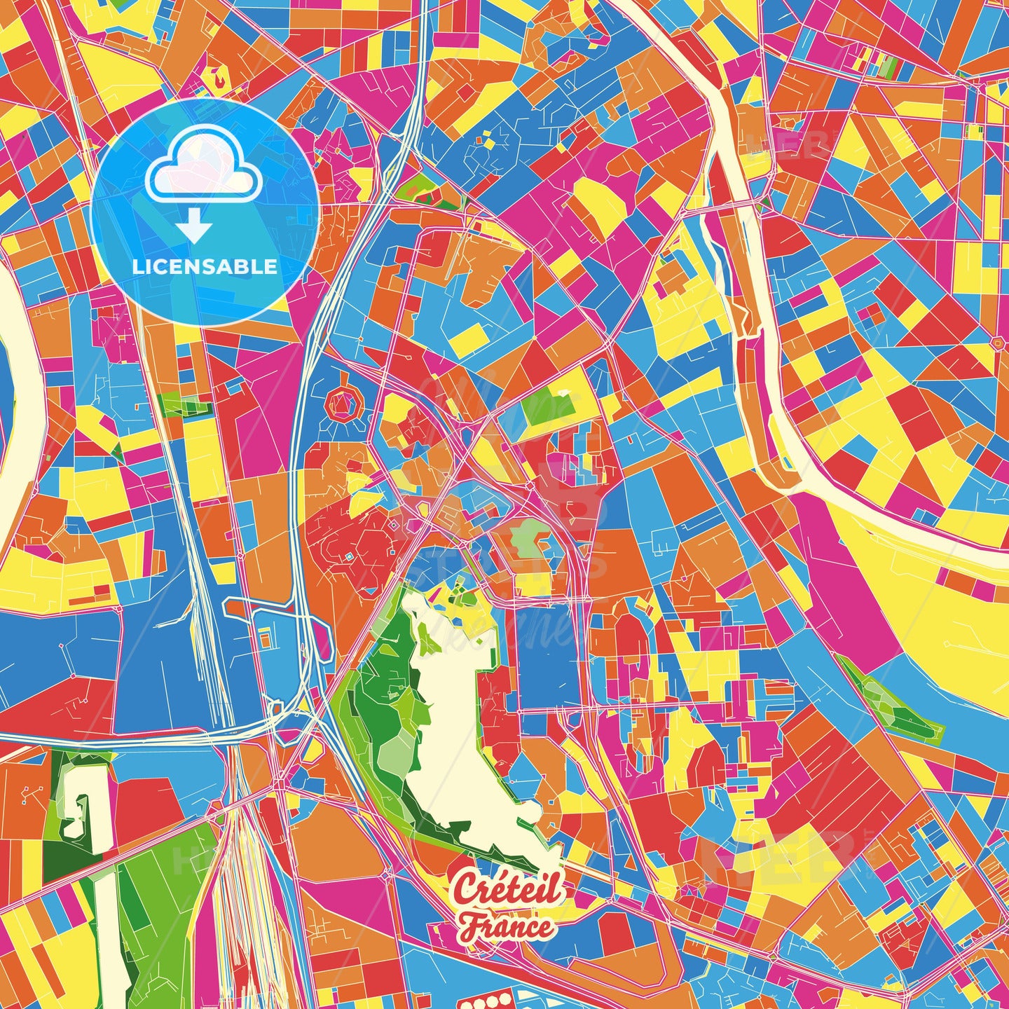 Créteil, France Crazy Colorful Street Map Poster Template - HEBSTREITS Sketches