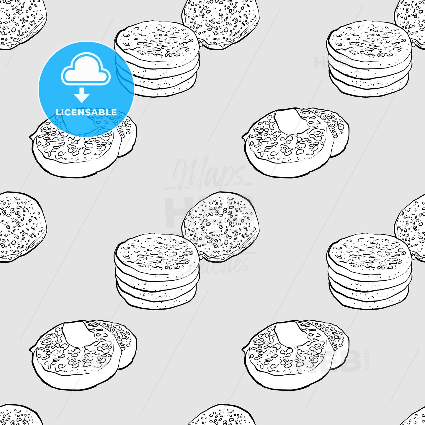 Crumpet seamless pattern greyscale drawing – instant download