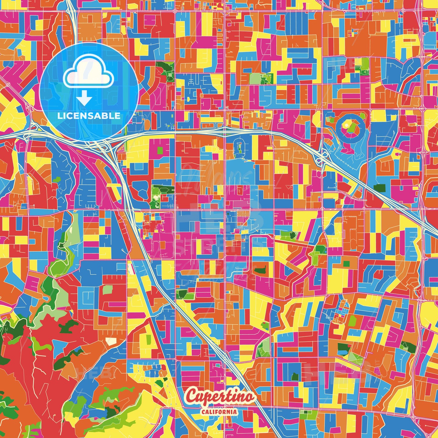 Cupertino, United States Crazy Colorful Street Map Poster Template - HEBSTREITS Sketches