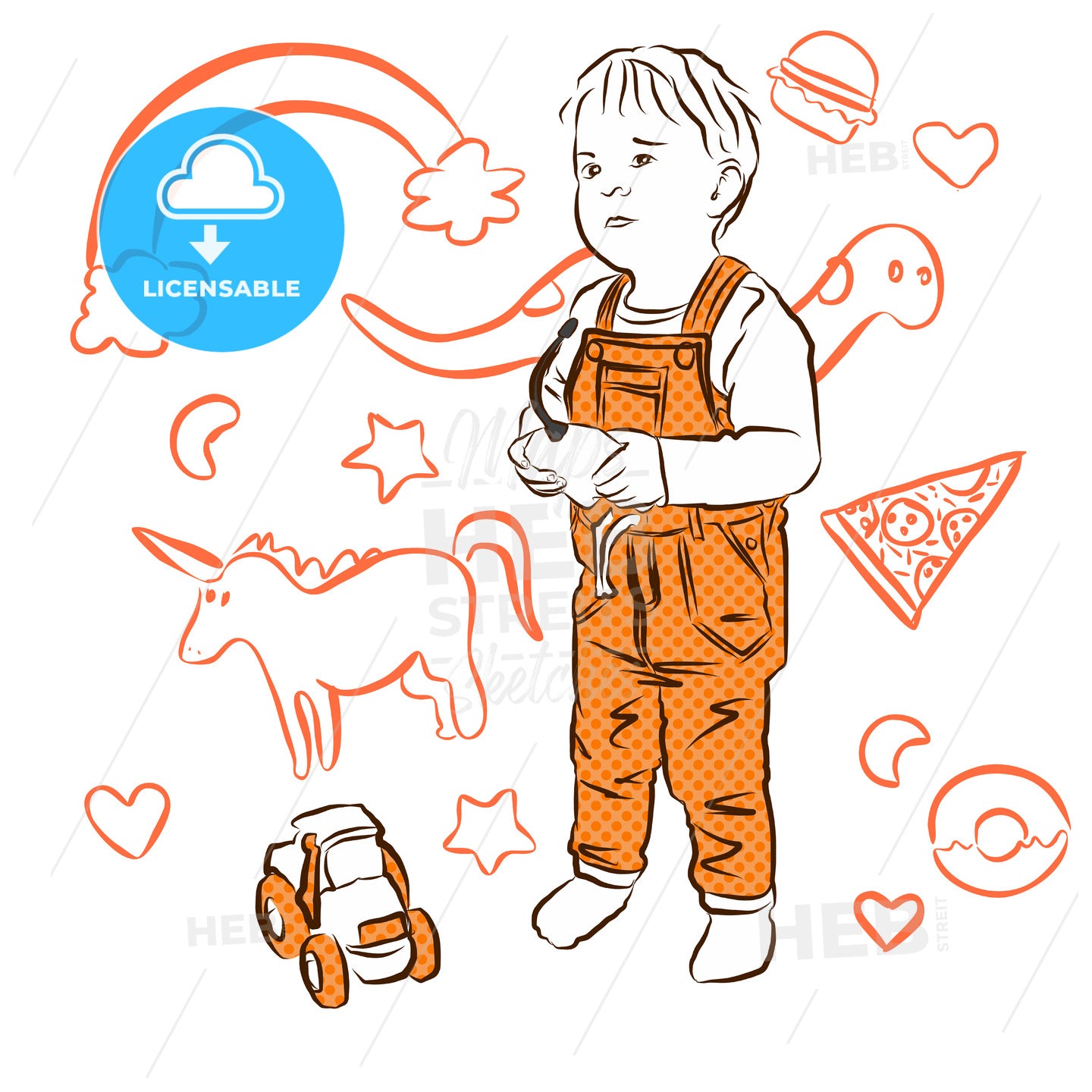 Cute Boy playing with Tractor, Doodles in Background – instant download