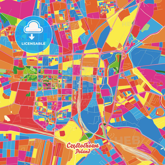 Częstochowa, Poland Crazy Colorful Street Map Poster Template - HEBSTREITS Sketches