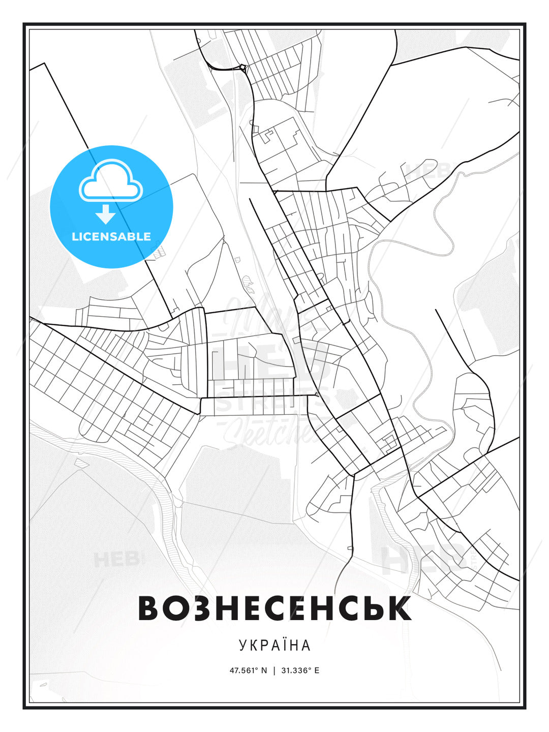 ВОЗНЕСЕНСЬК / Voznesensk, Ukraine, Modern Print Template in Various Formats - HEBSTREITS Sketches
