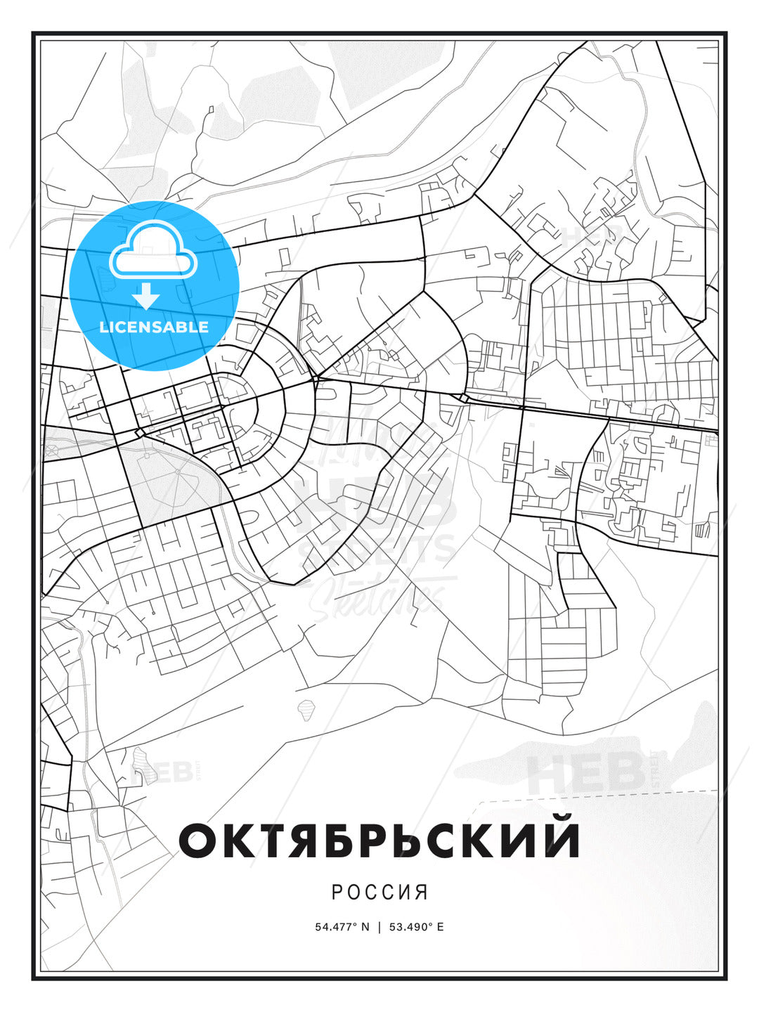 ОКТЯБРЬСКИЙ / Oktyabrsky, Russia, Modern Print Template in Various Formats - HEBSTREITS Sketches
