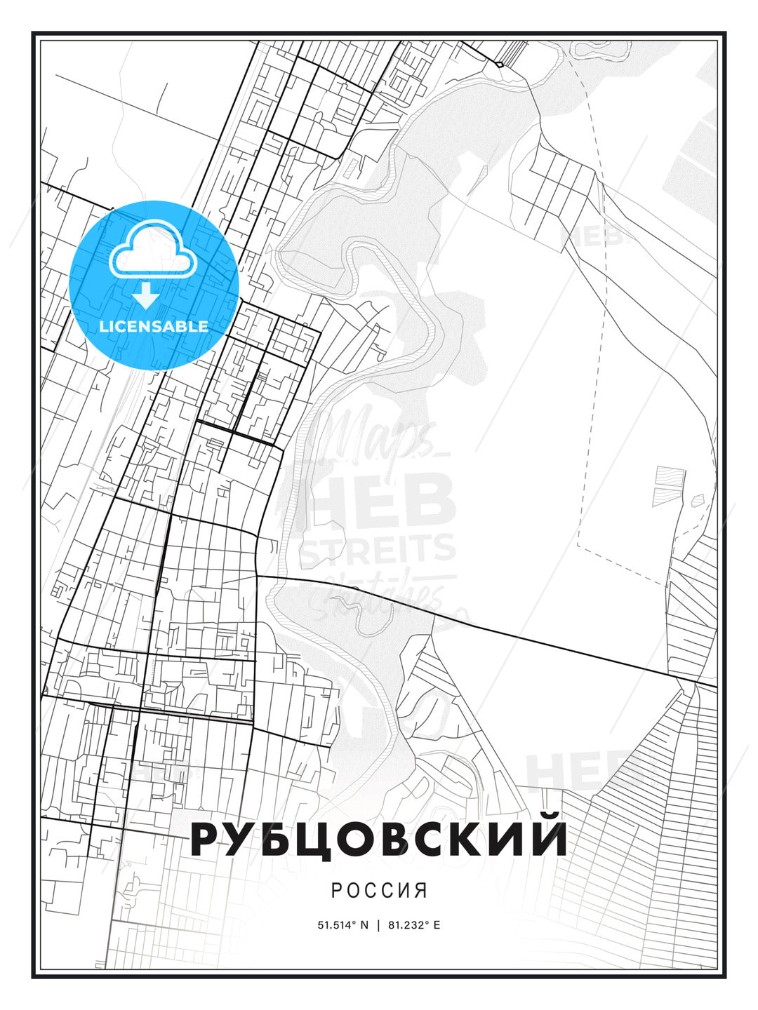 РУБЦОВСКИЙ / Rubtsovsk, Russia, Modern Print Template in Various Formats - HEBSTREITS Sketches