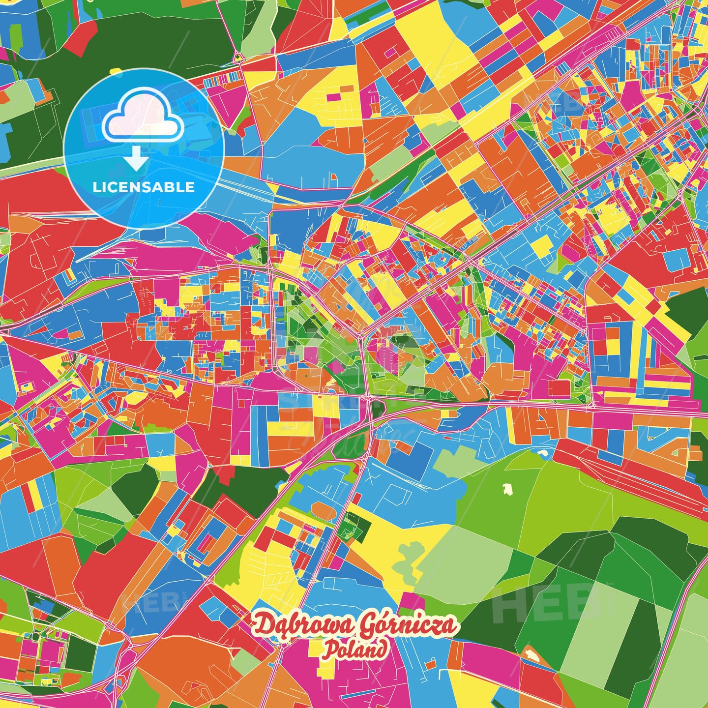 Dąbrowa Górnicza, Poland Crazy Colorful Street Map Poster Template - HEBSTREITS Sketches