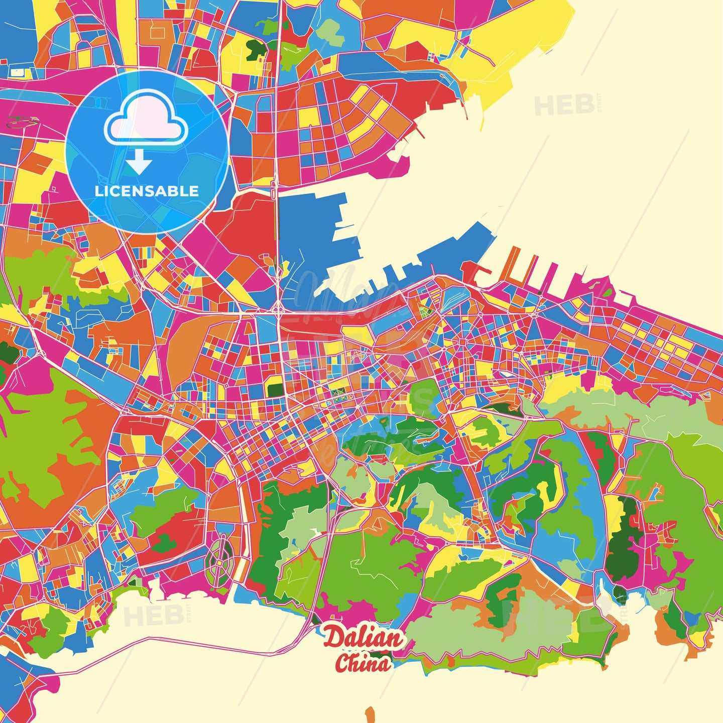 Dalian, China Crazy Colorful Street Map Poster Template - HEBSTREITS Sketches