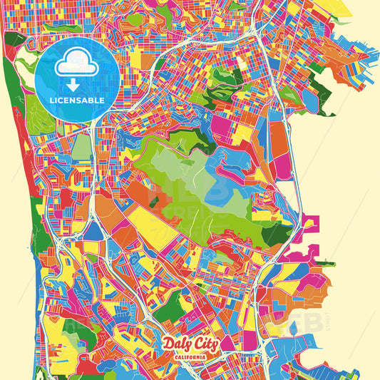 Daly City, United States Crazy Colorful Street Map Poster Template - HEBSTREITS Sketches