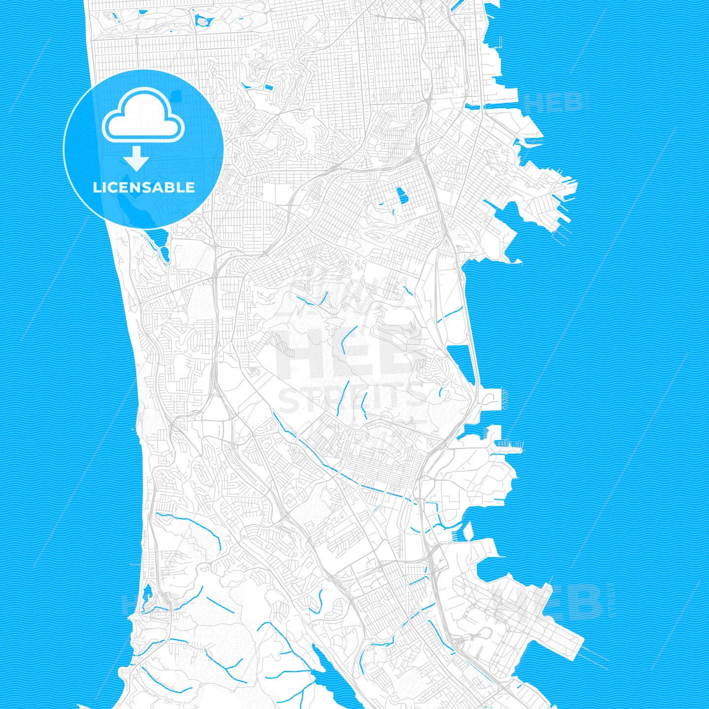 Daly City, California, United States, PDF vector map with water in focus