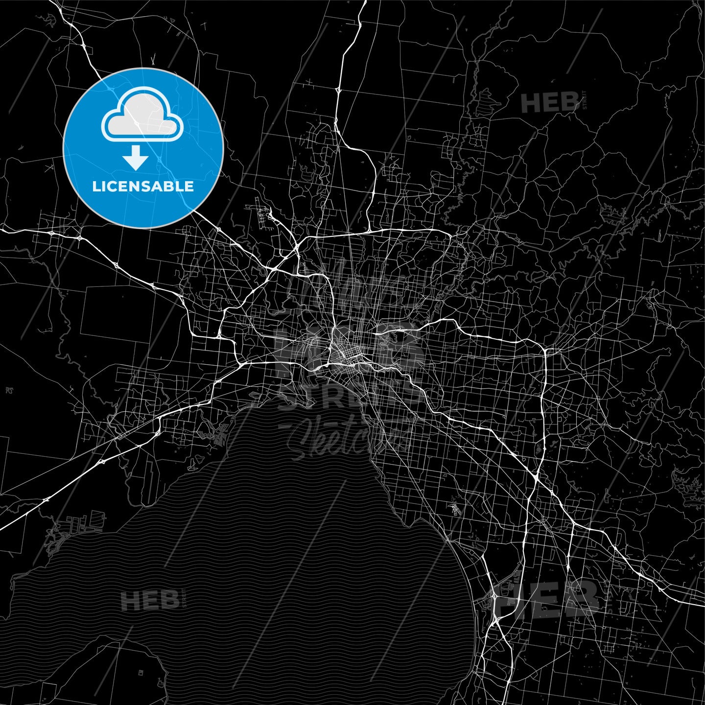 Dark area map of Melbourne, Australia