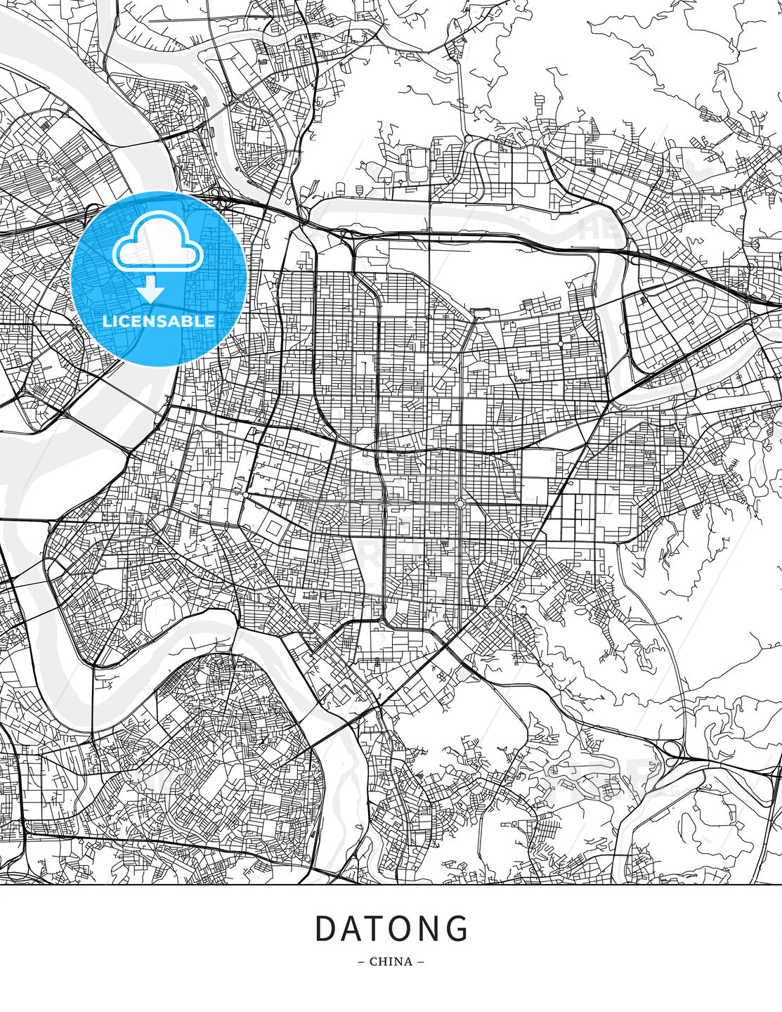 Datong, China, Map poster borderless print template - HEBSTREITS