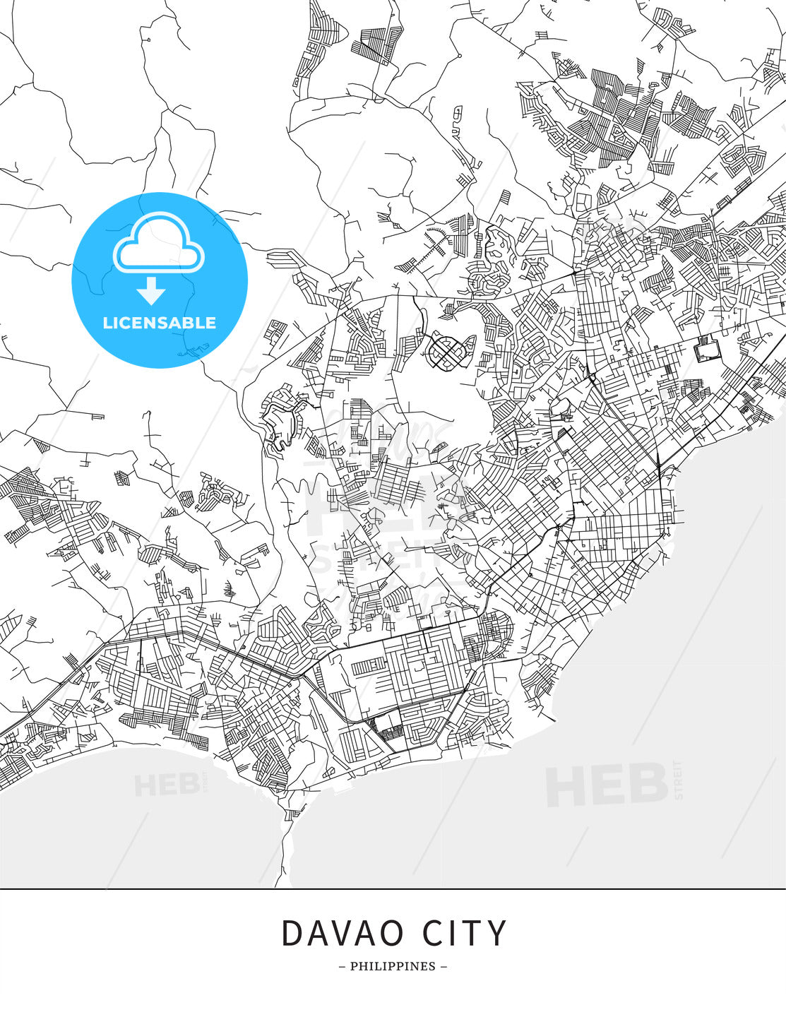 Davao City, Philippines, Map poster borderless print template - HEBSTREITS