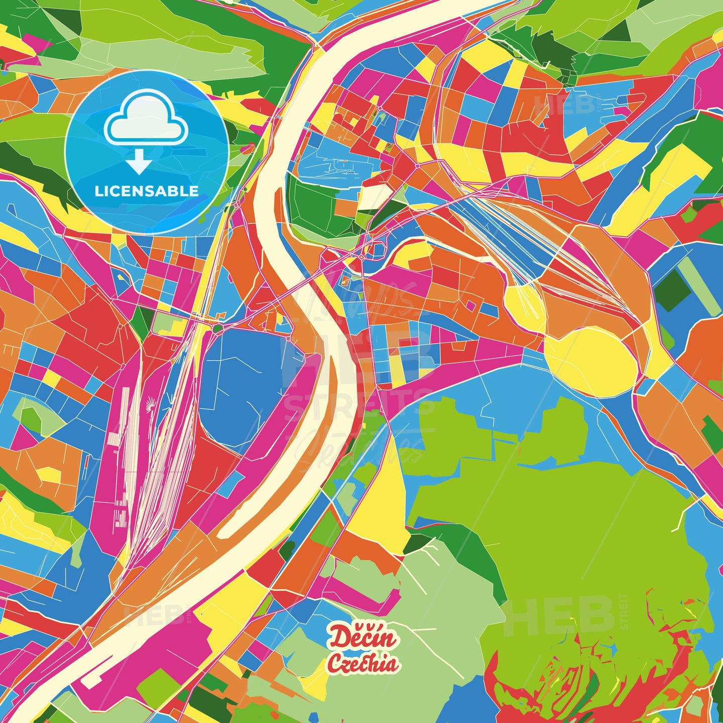 Děčín, Czechia Crazy Colorful Street Map Poster Template - HEBSTREITS Sketches