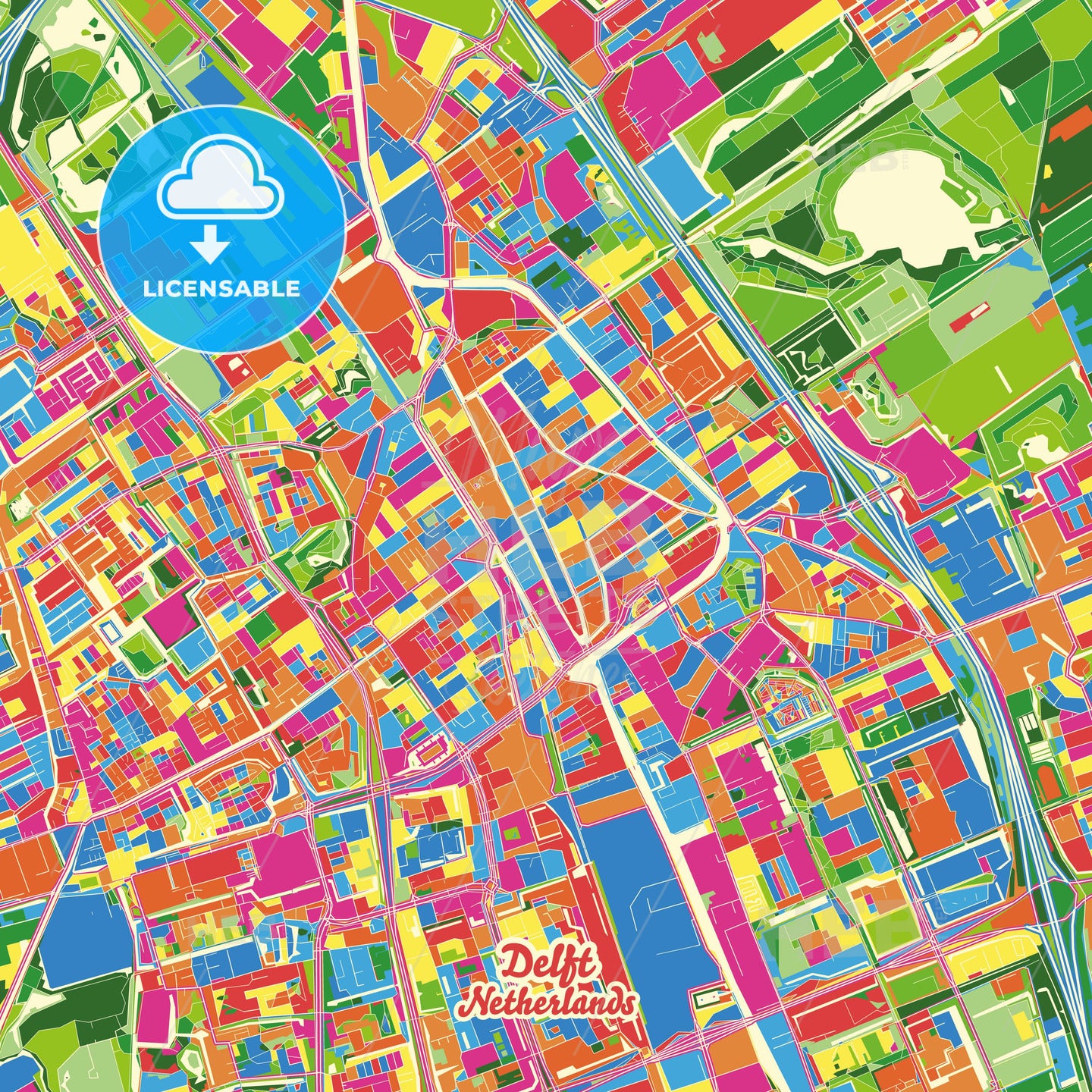 Delft, Netherlands Crazy Colorful Street Map Poster Template - HEBSTREITS Sketches