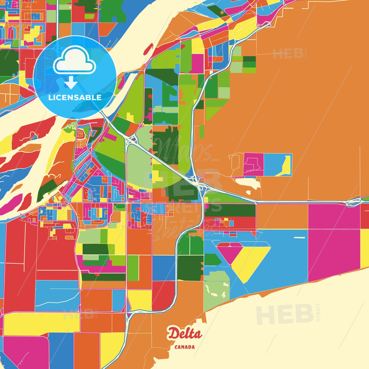 Delta, Canada Crazy Colorful Street Map Poster Template - HEBSTREITS Sketches