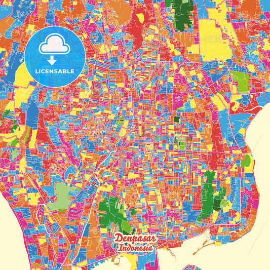 Denpasar, Indonesia Crazy Colorful Street Map Poster Template - HEBSTREITS Sketches
