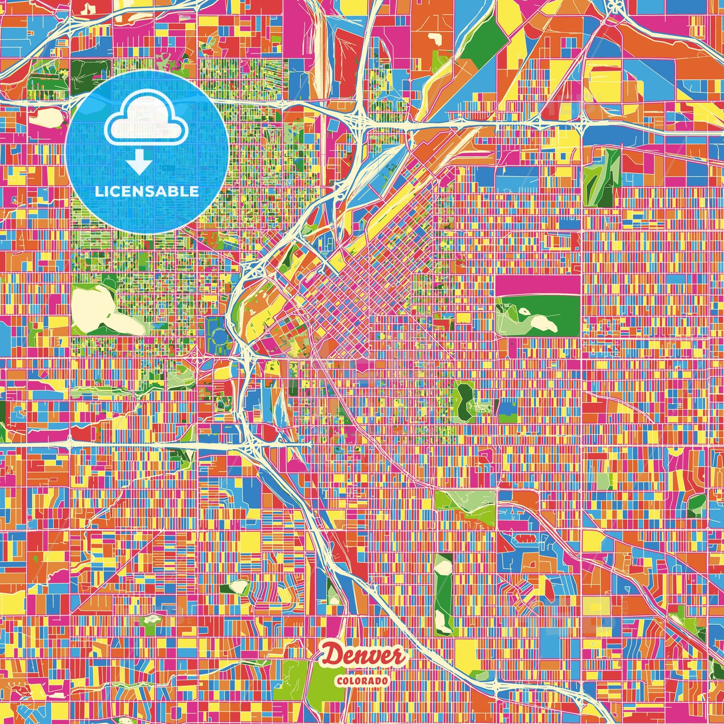 Denver, United States Crazy Colorful Street Map Poster Template - HEBSTREITS Sketches