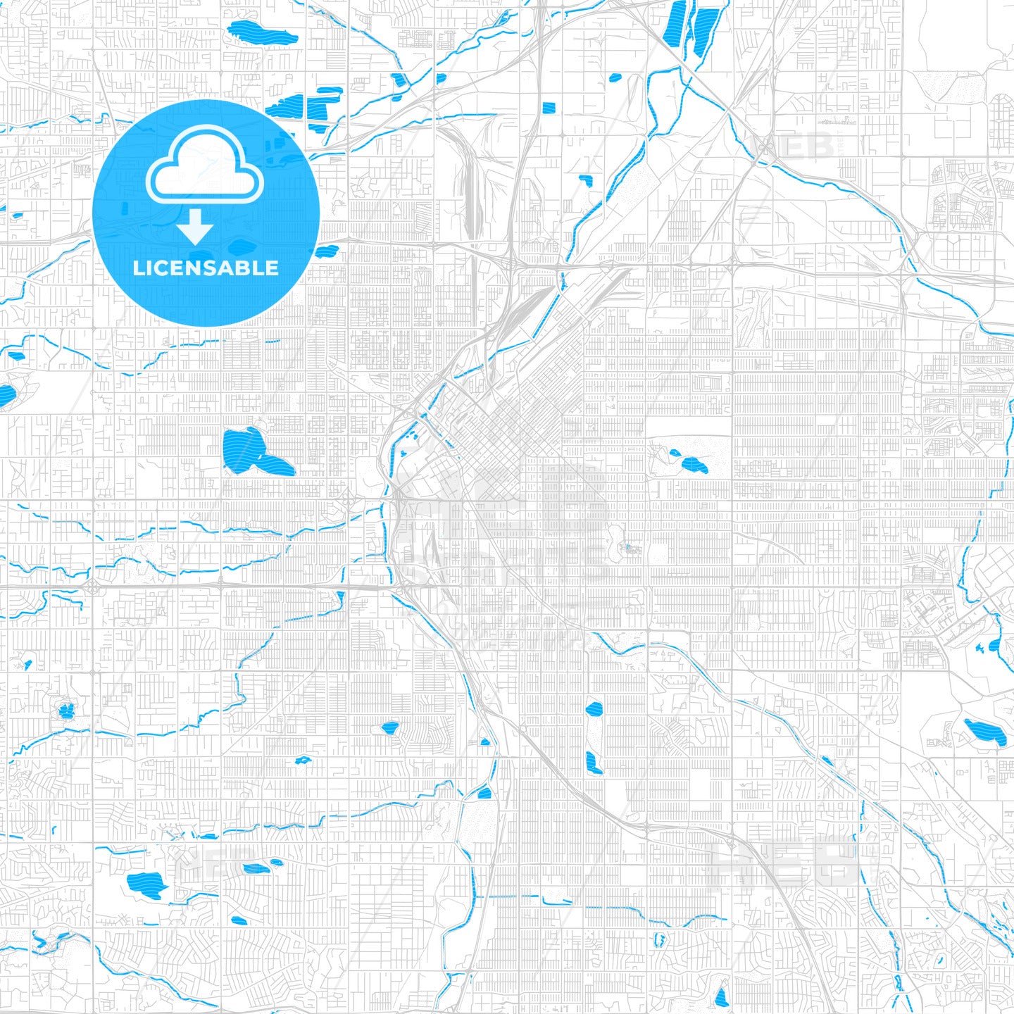 Denver, Colorado, United States, PDF vector map with water in focus