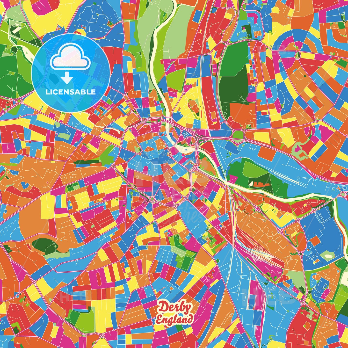 Derby, England Crazy Colorful Street Map Poster Template - HEBSTREITS Sketches