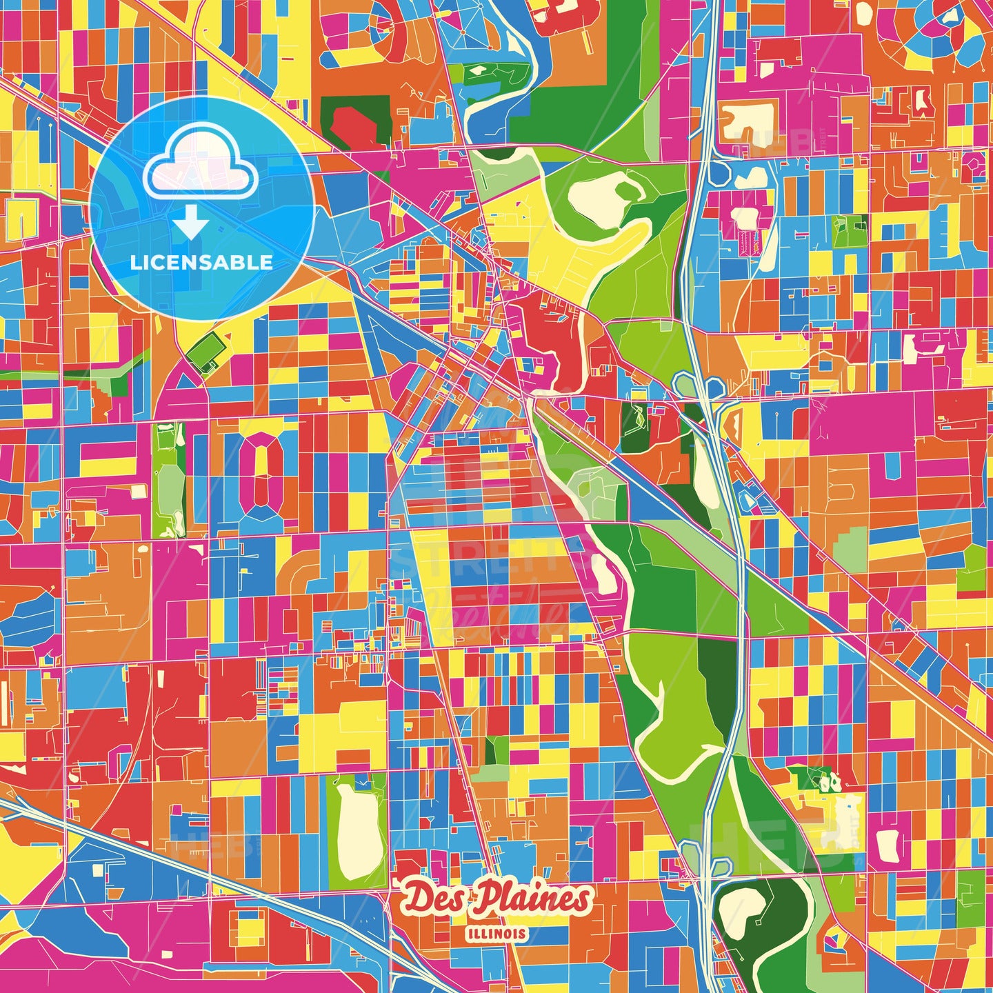 Des Plaines, United States Crazy Colorful Street Map Poster Template - HEBSTREITS Sketches