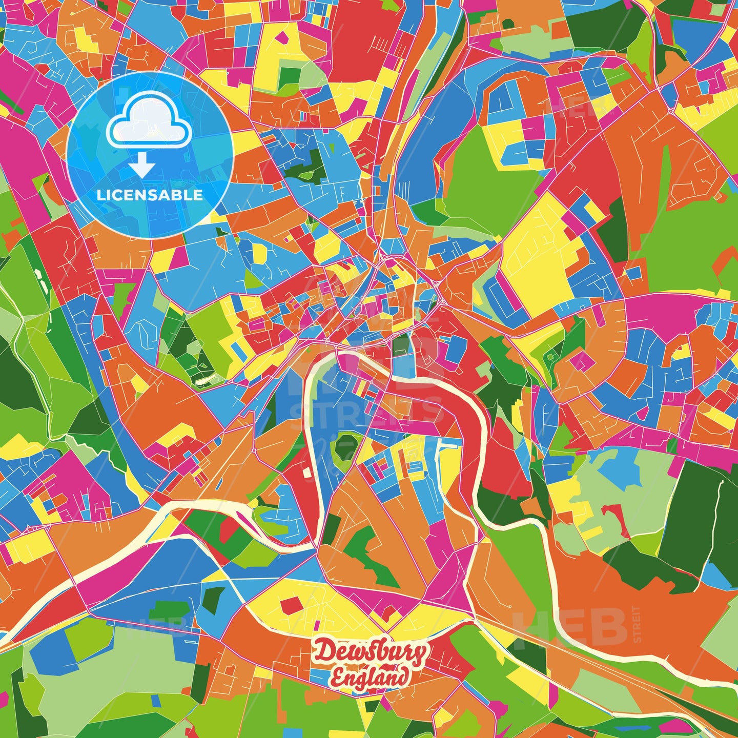 Dewsbury, England Crazy Colorful Street Map Poster Template - HEBSTREITS Sketches