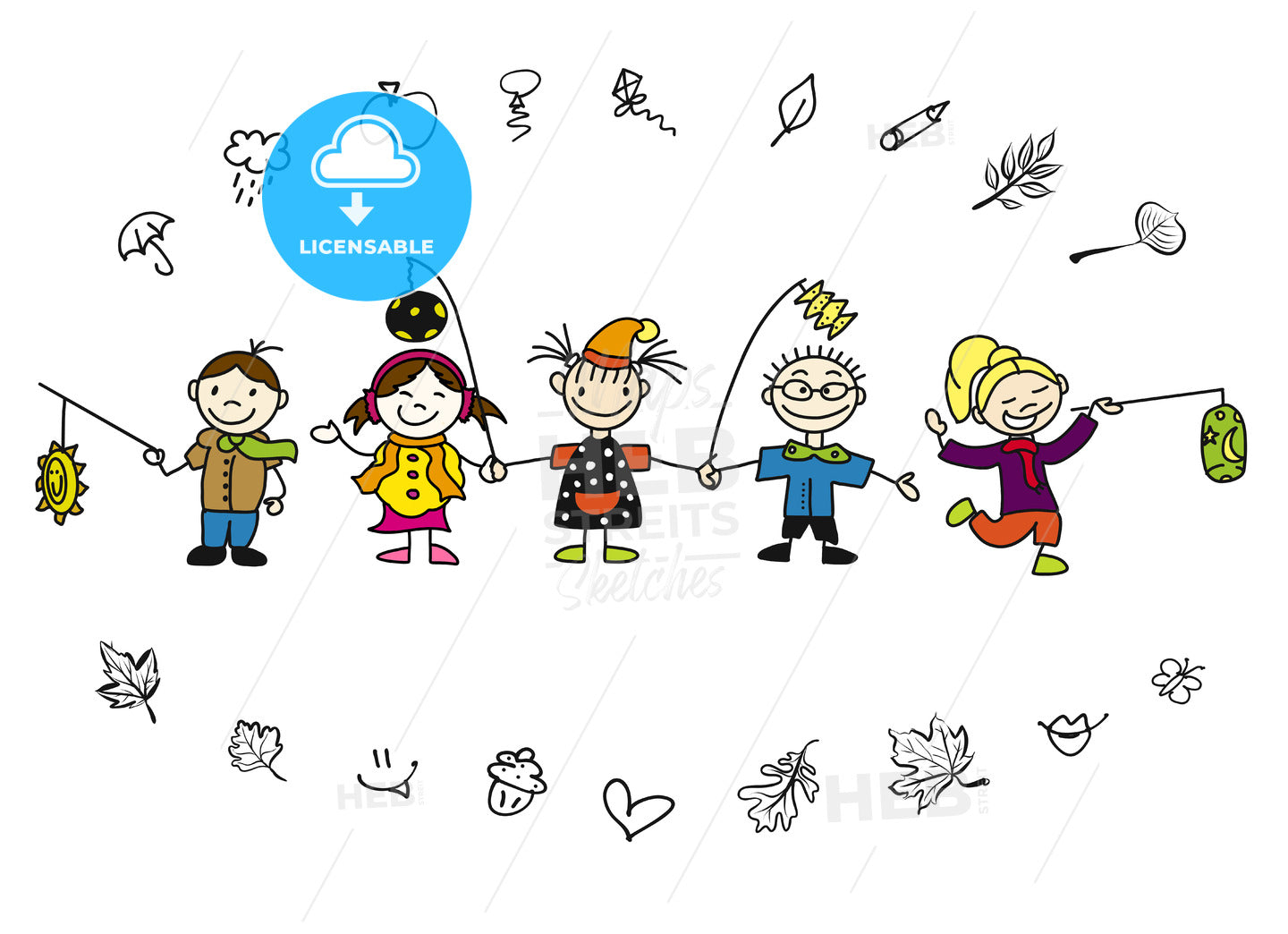 Doodle Autumn Kids with Latern and Leaves – instant download