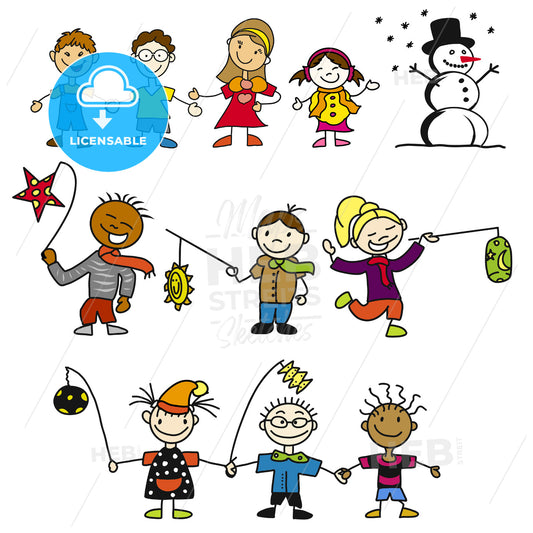 Doodle Kindergarten Kids with Latern, Mother and Snowman – instant download