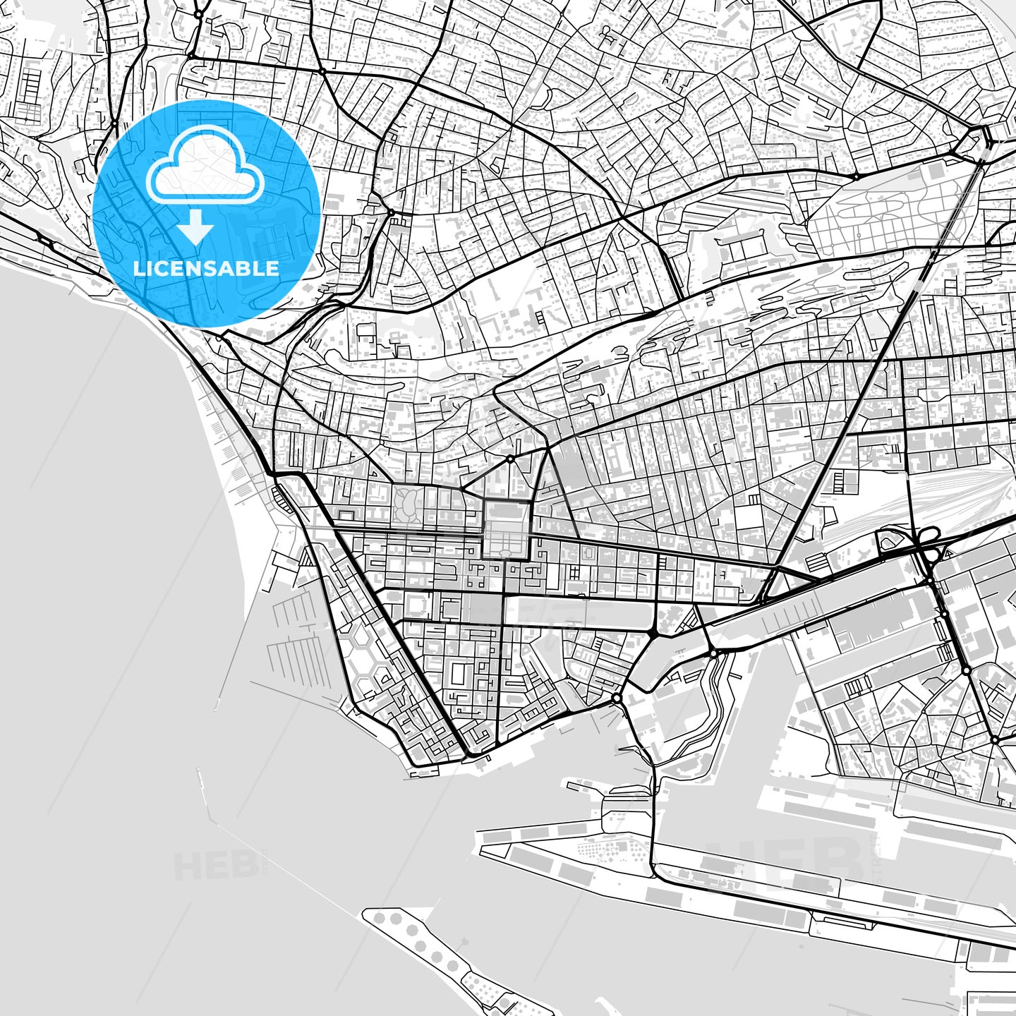 Downtown map of Le Havre, light