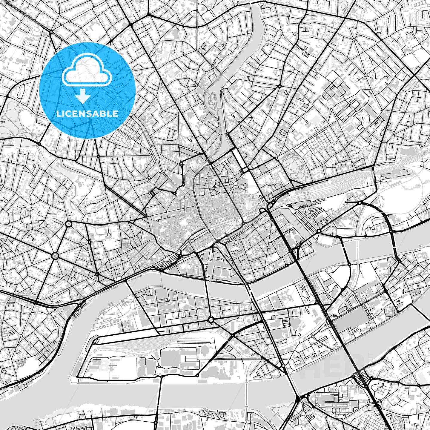 Downtown map of Nantes, light