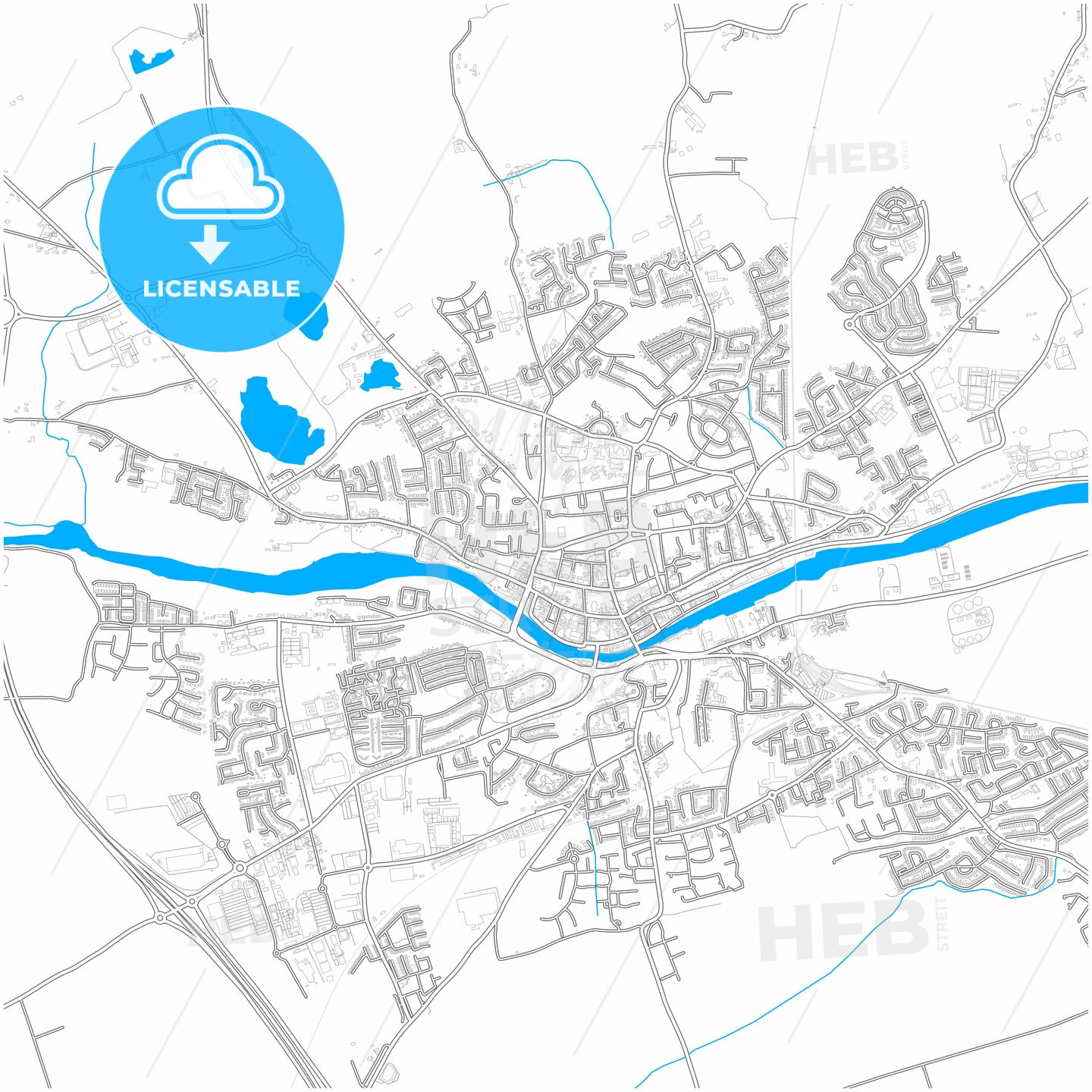 Drogheda, County Louth &amp; County Meath, Ireland, city map with high quality roads.
