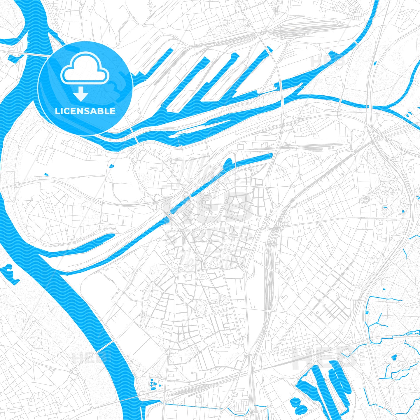 Duisburg, Germany PDF vector map with water in focus
