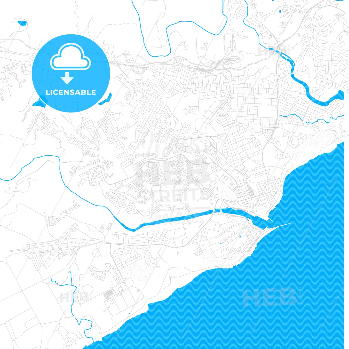 East London, South Africa PDF vector map with water in focus