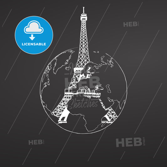 Eiffel Tower and Globe Sketch on Chalkboard – instant download