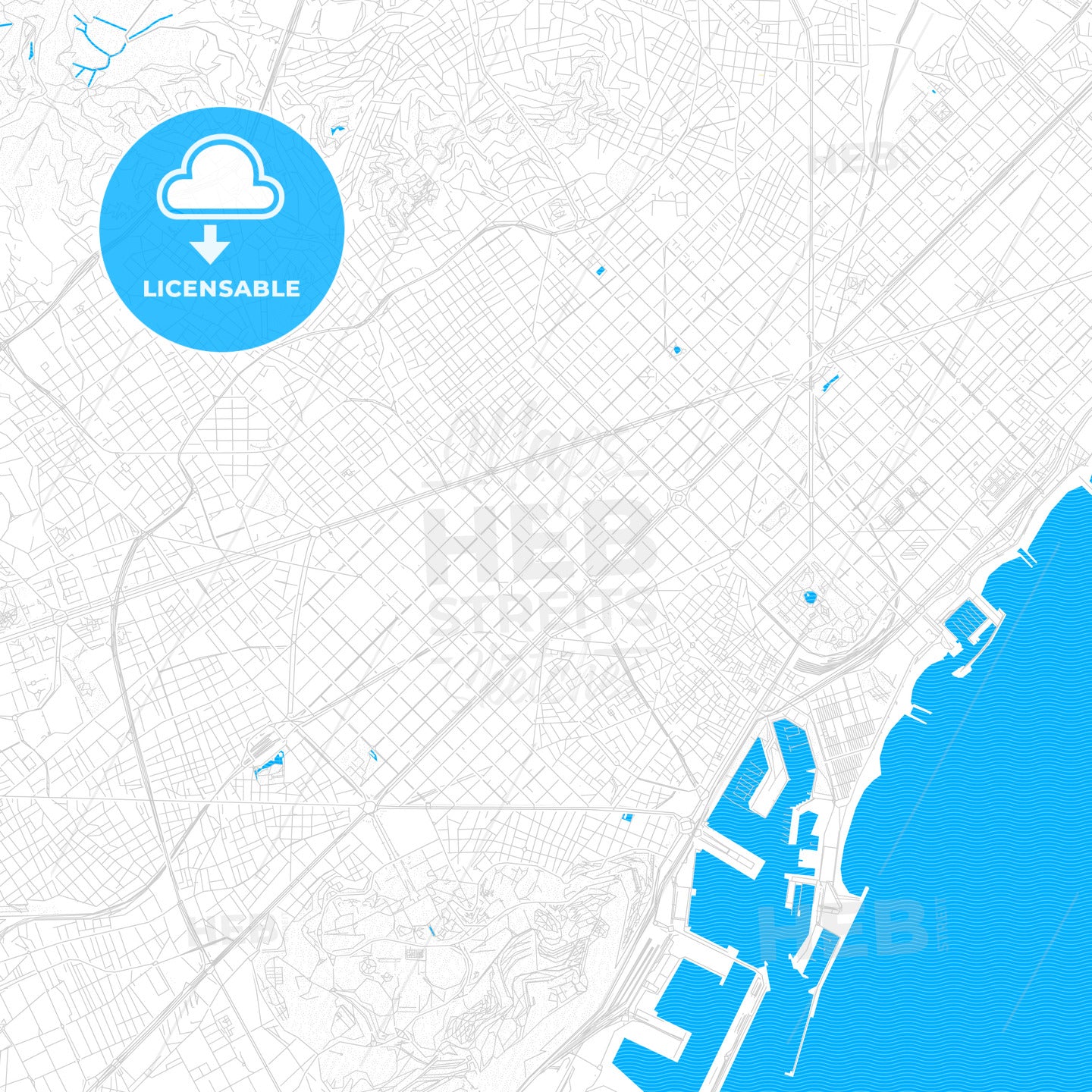 Eixample, Spain PDF vector map with water in focus