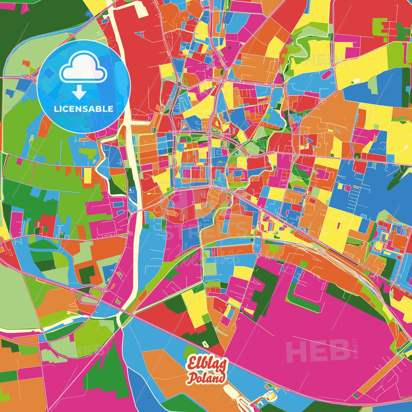 Elbląg, Poland Crazy Colorful Street Map Poster Template - HEBSTREITS Sketches