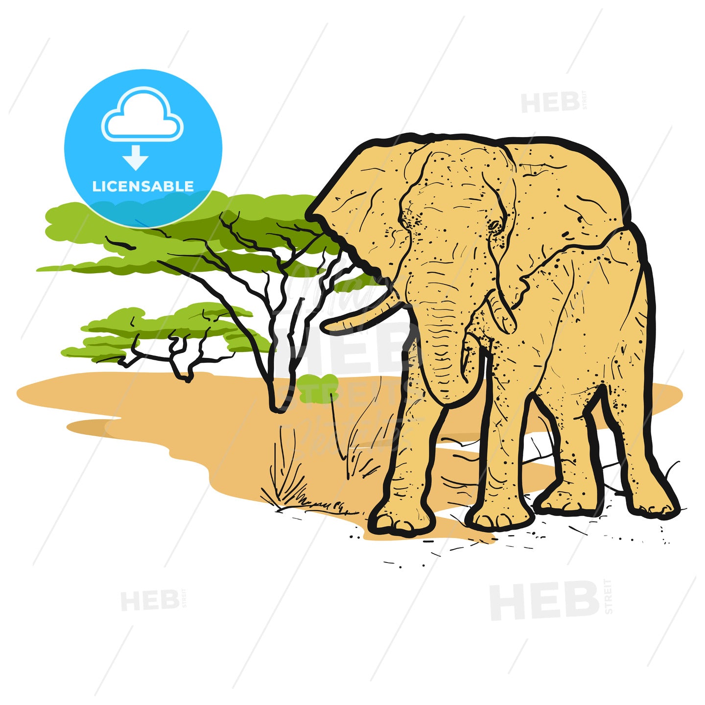 Elephant in savannah Colored Illustration – instant download